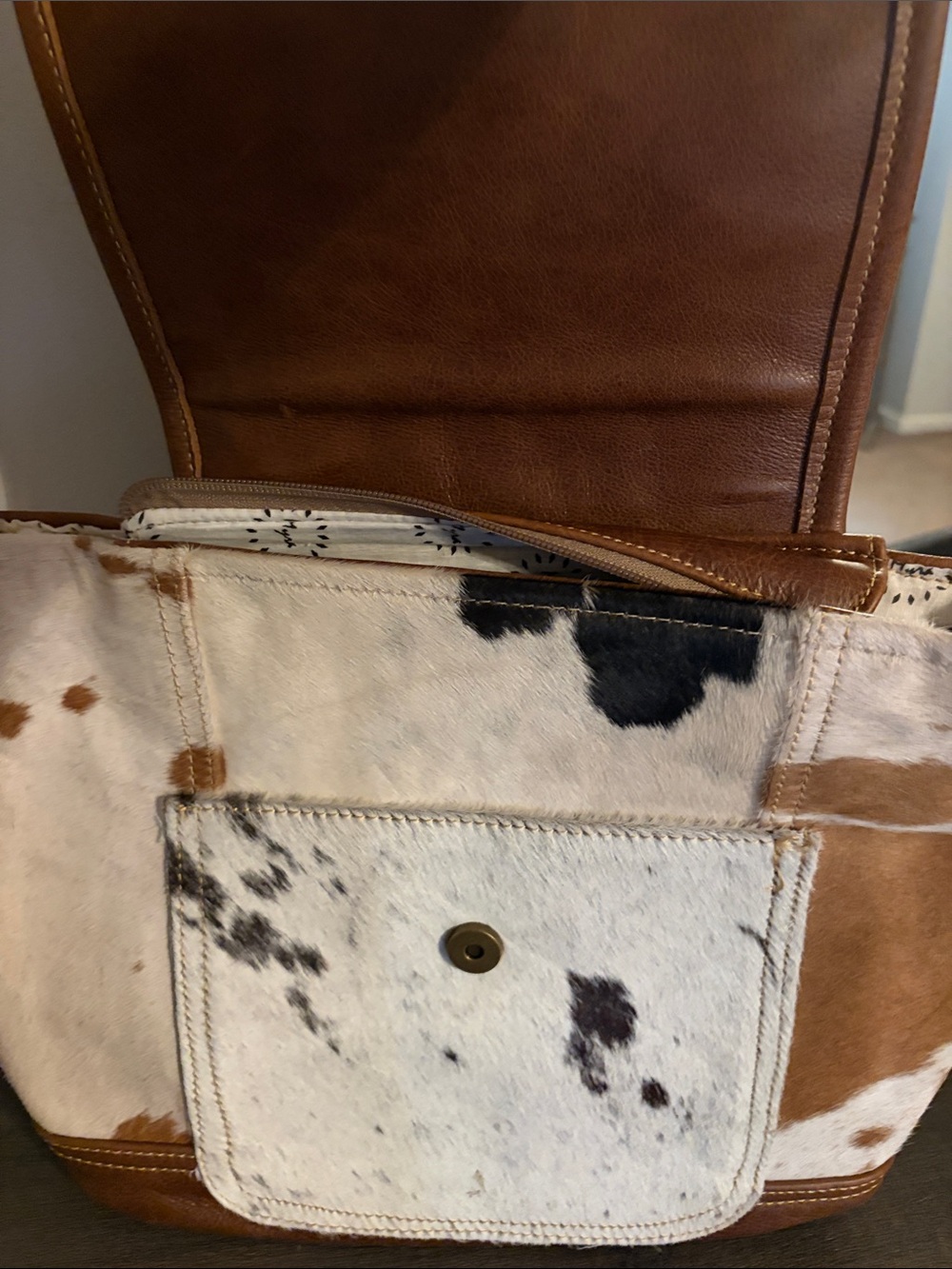 Myra Bag Brown Leather Backpack with White Patterned Lining - Picture 3 of 4